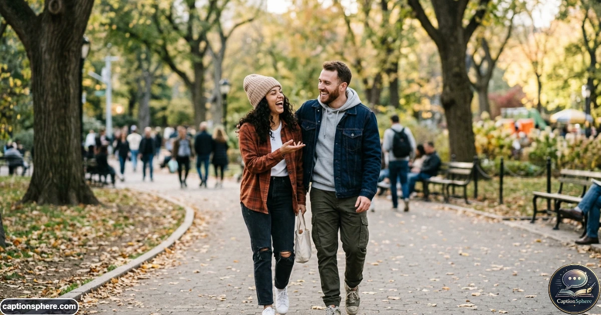 Playful couple laughing together while enjoying a casual day outdoors