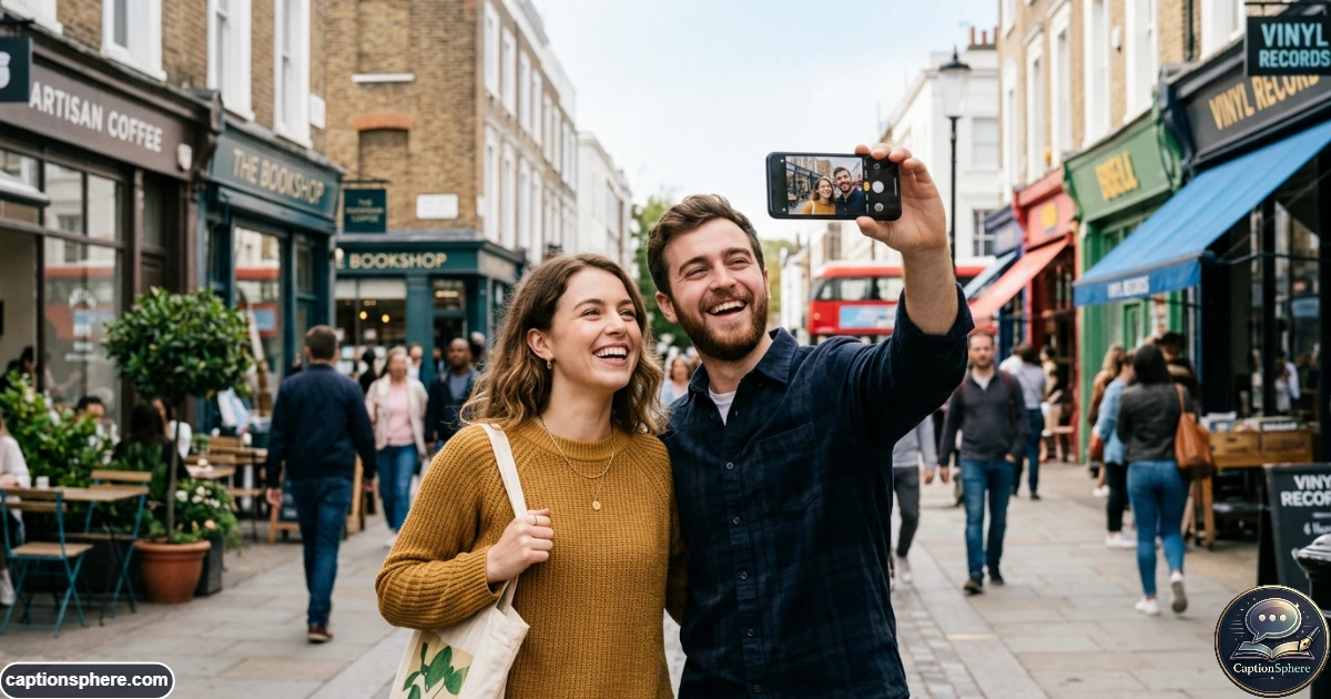 Couple smiling together while taking a casual phone selfie outdoors