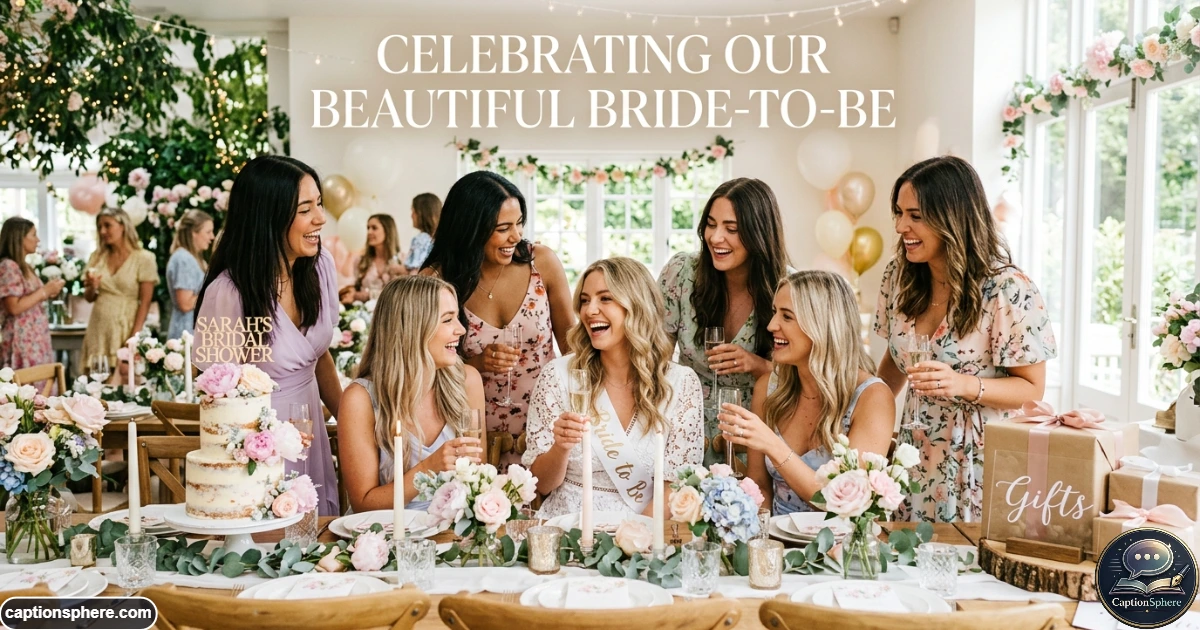 Smiling bride-to-be surrounded by flowers and friends at a bright bridal shower