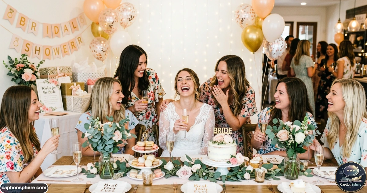 Friends laughing together during a playful bridal shower celebration