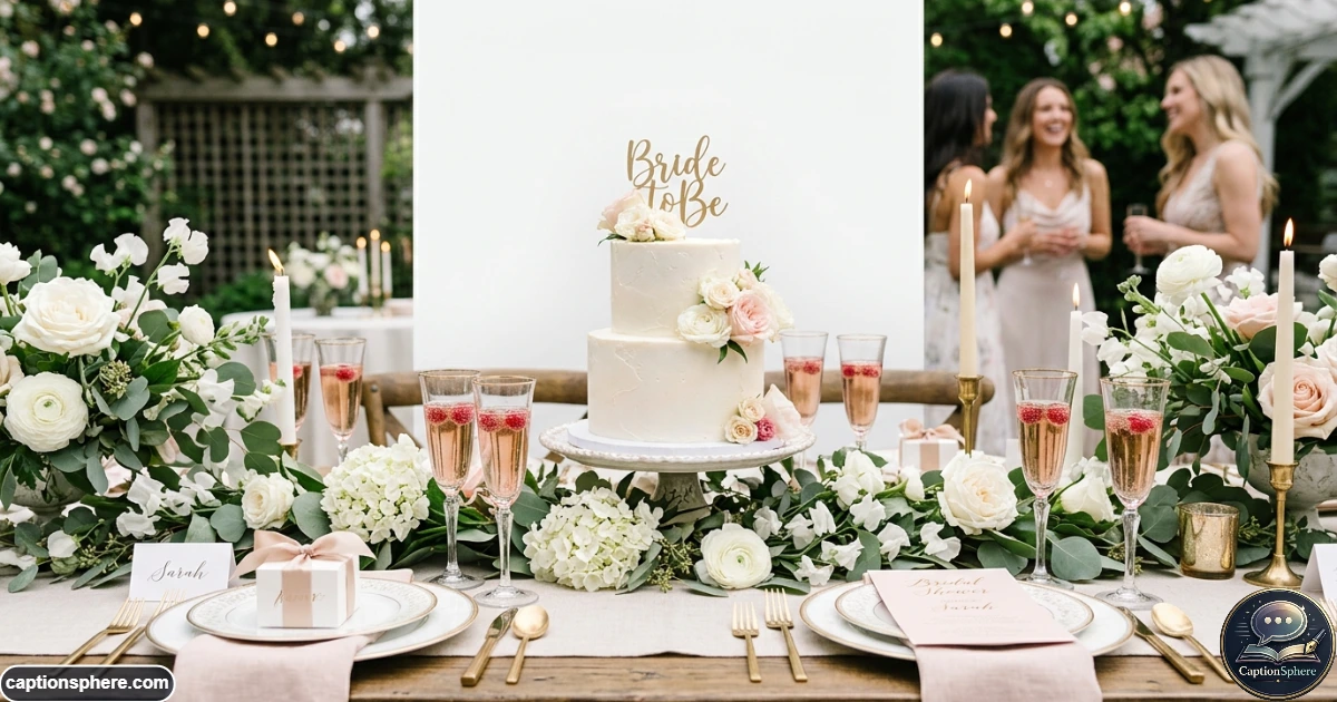 Elegant bridal shower table with flowers, champagne, cake, and refined decorations