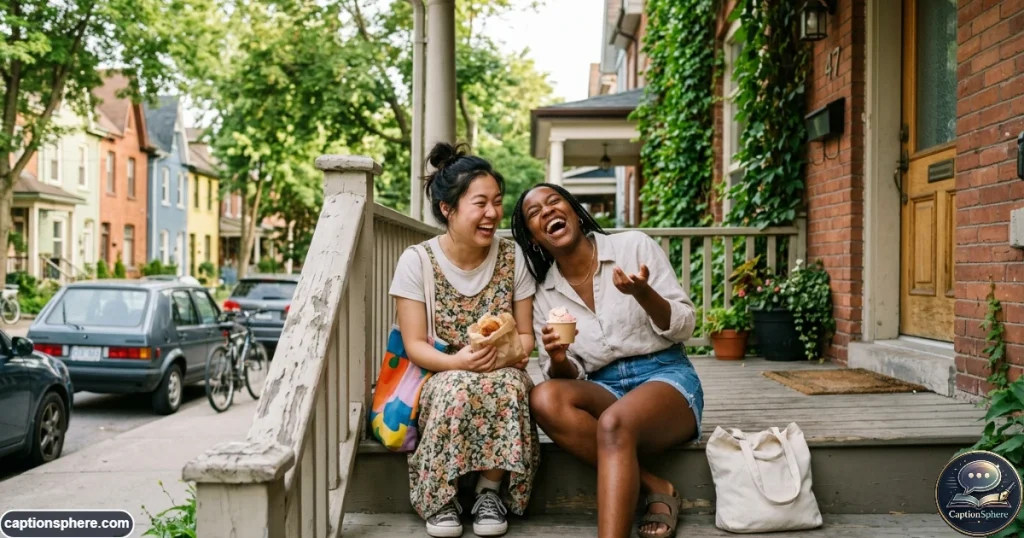 Two best friends laughing together during a playful candid photo