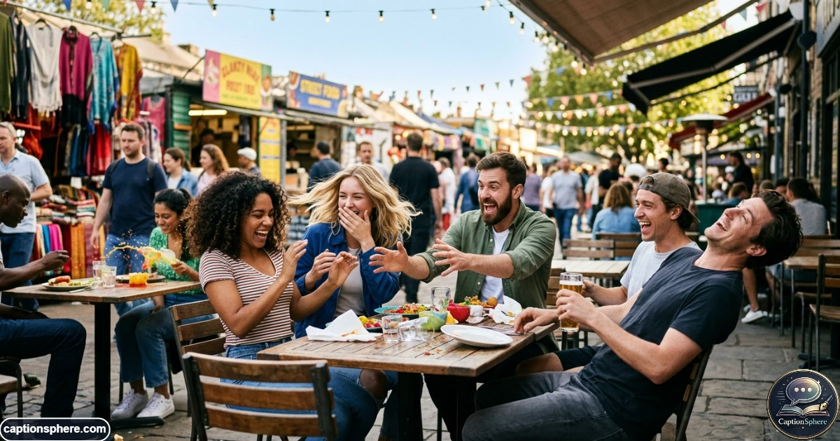 A playful group of friends reacting to an unexpected chaotic moment outdoors