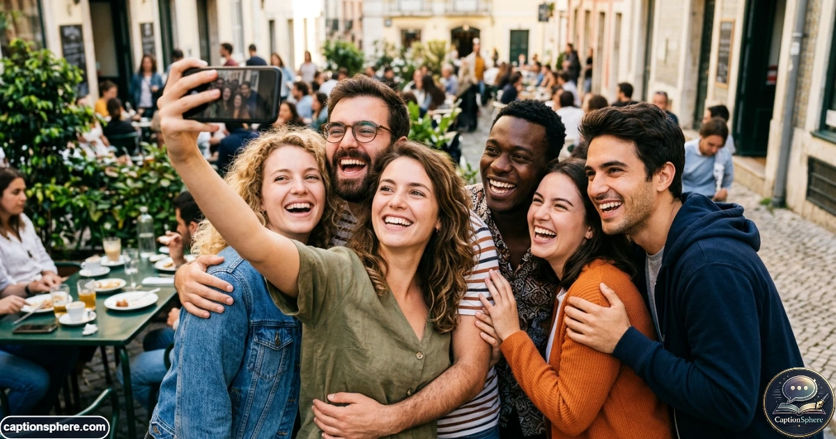 Friends taking a spontaneous selfie while laughing during a casual outing