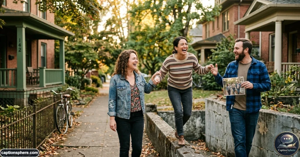 Longtime friends laughing together while recreating a childhood memory