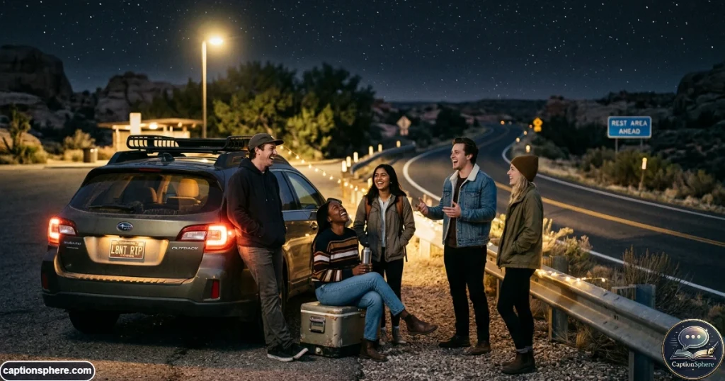 Friends laughing together during a late night road trip adventure
