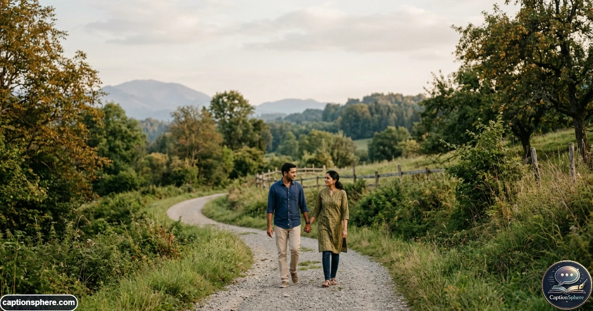 Romantic couple walking hand in hand along a quiet scenic path