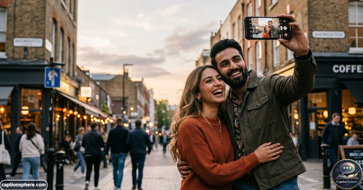 Couple taking a romantic smartphone photo together for social media