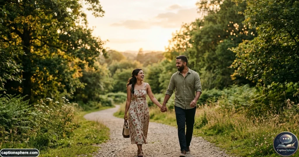 Happy South Asian couple smiling together during a romantic outdoor moment