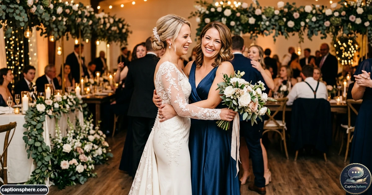 Two sisters celebrating happily together during an elegant wedding