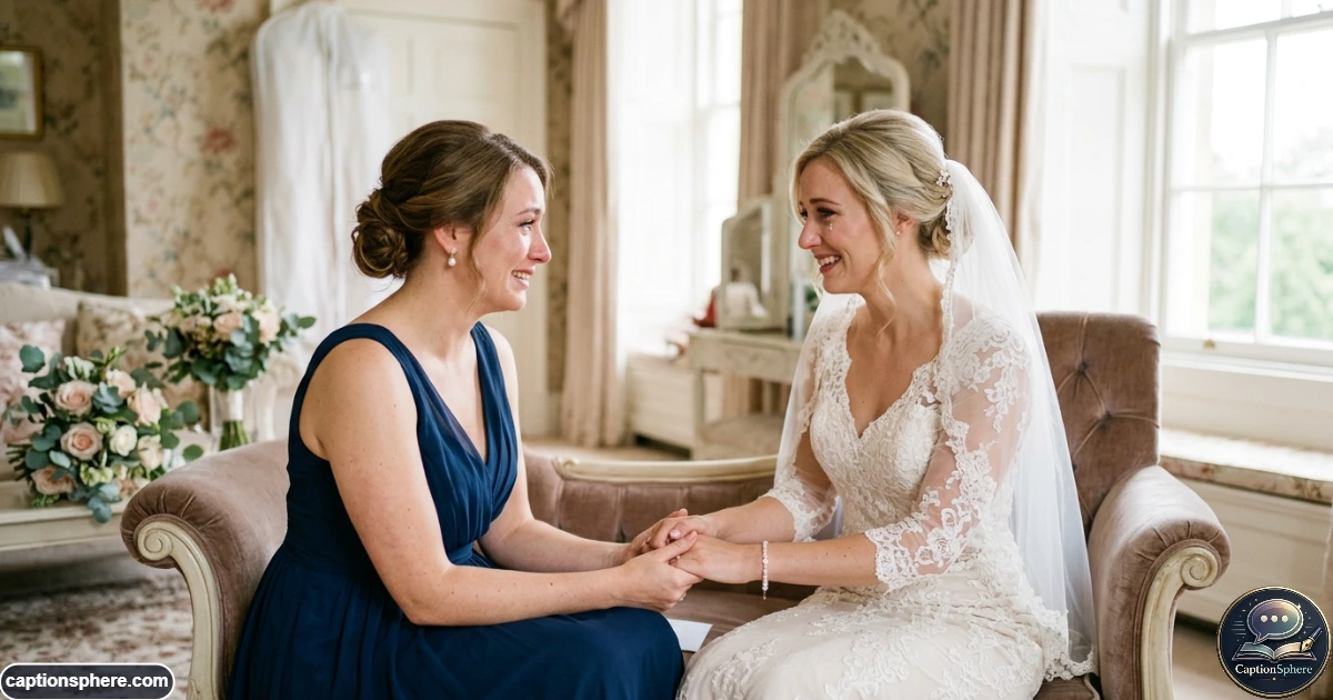 Sisters sharing an emotional wedding moment with happy tears