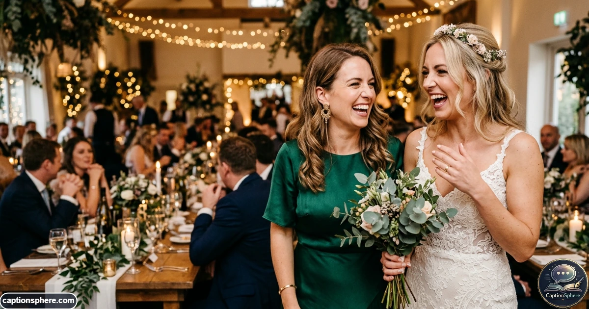 Sisters laughing together during a joyful wedding celebration