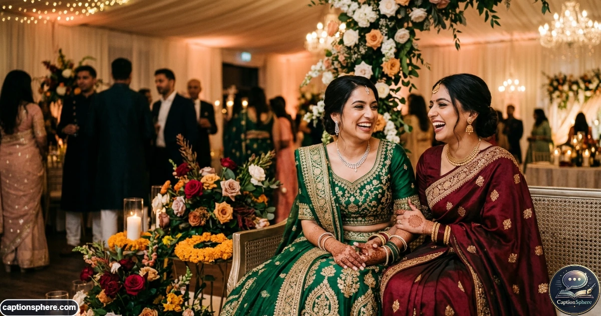 Sisters celebrating together during a colorful South Asian wedding event