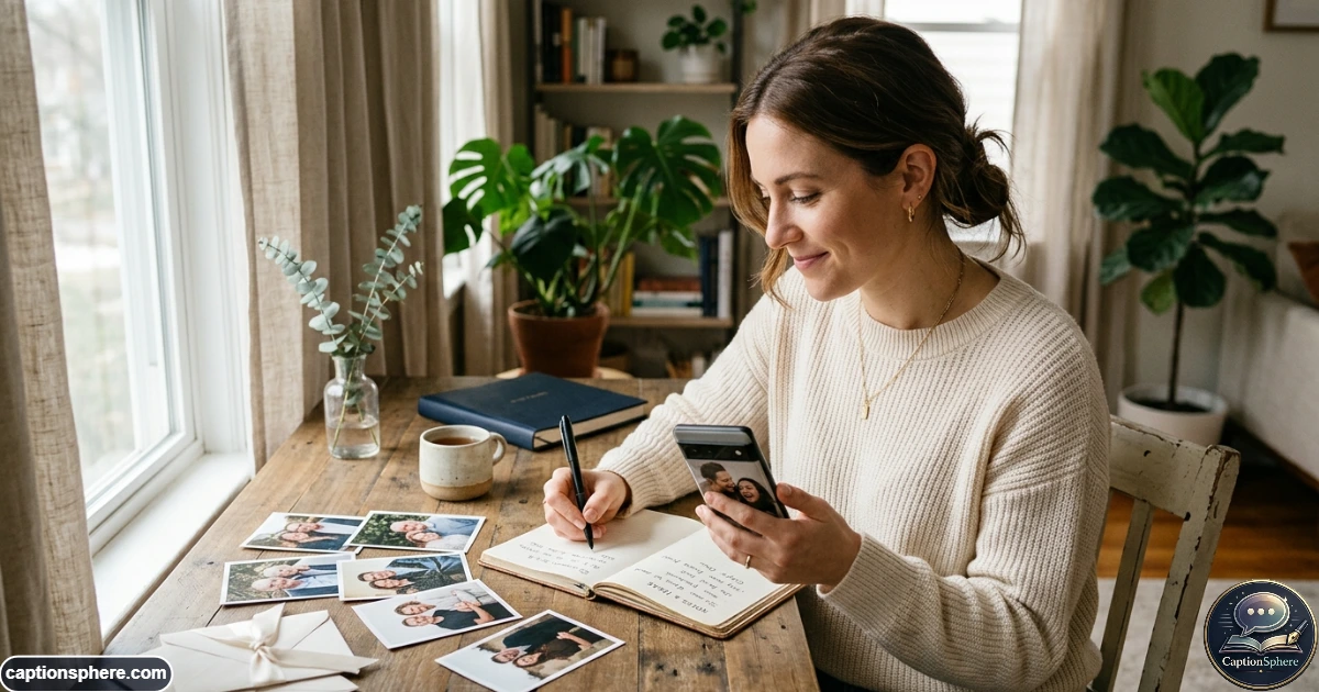Sister personalizing a wedding caption beside a cherished family photograph