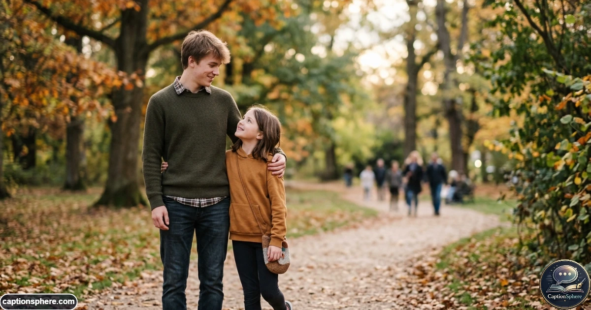 Older brother standing beside his younger sister outdoors with warm expressions