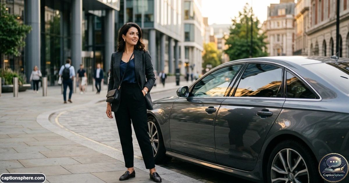 Stylish adult standing beside a sleek modern car in an urban setting
