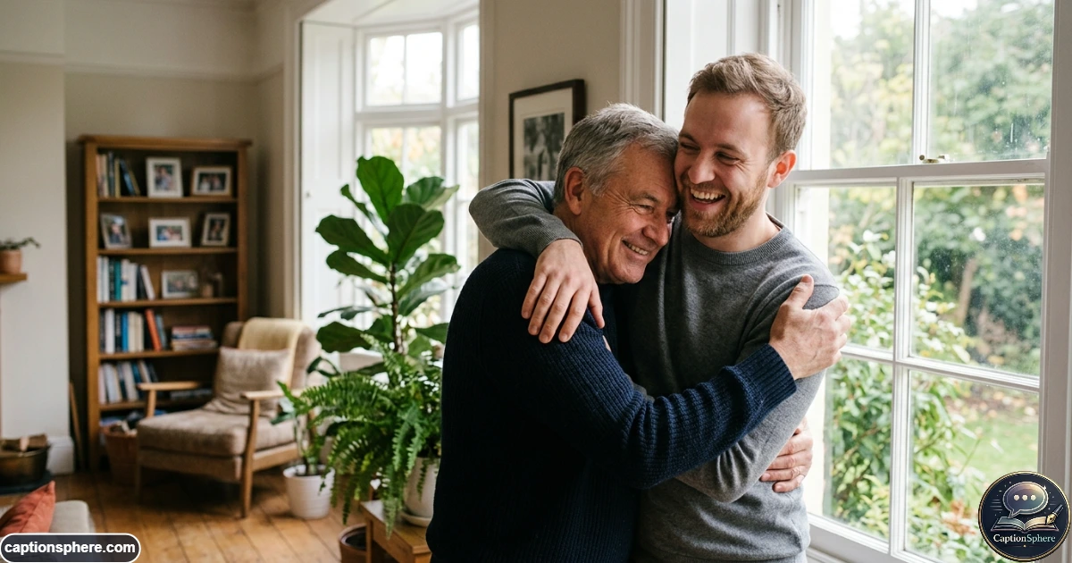Father embracing his adult son during a quiet emotional family moment