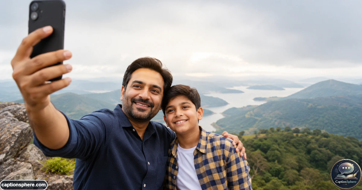 Father and son taking a cheerful selfie together during a family outing