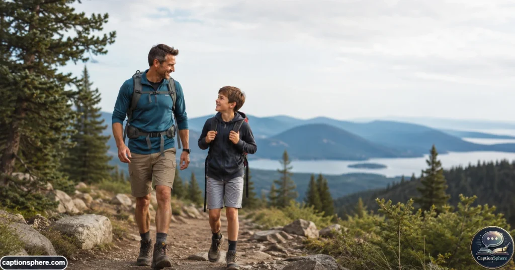 Father and son exploring a scenic trail together during an outdoor adventure