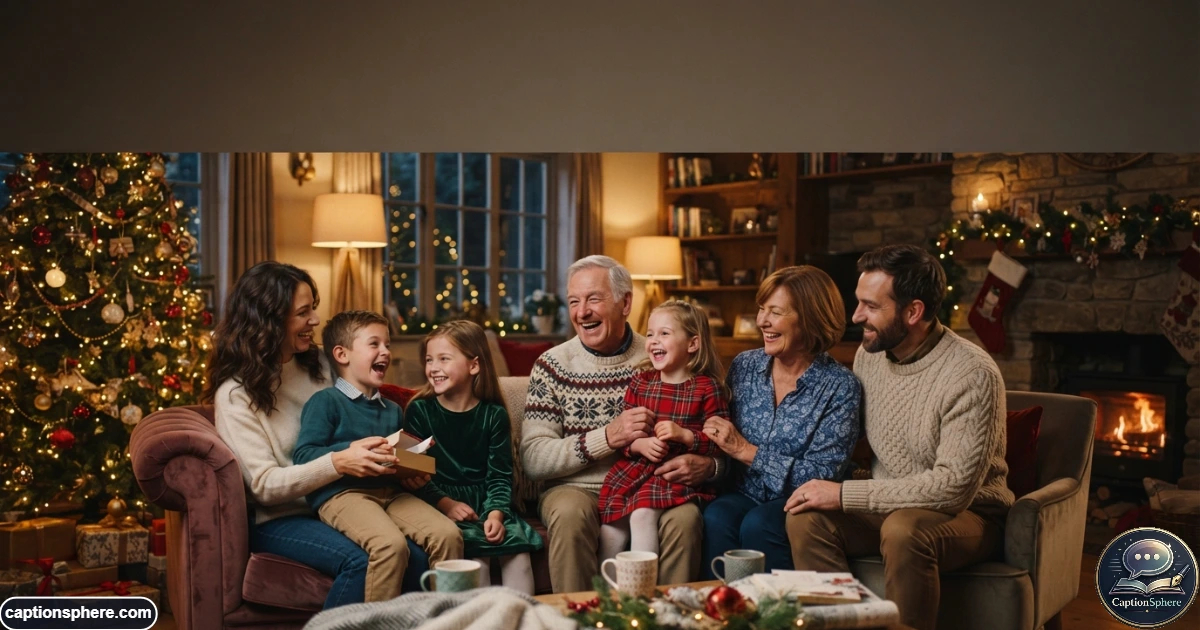 Happy family gathered together beside a decorated Christmas tree