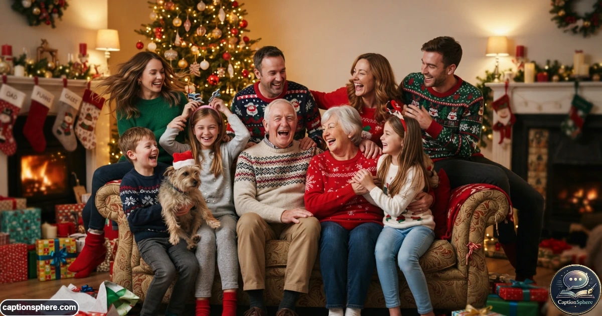 Family laughing together during a playful Christmas photo at home