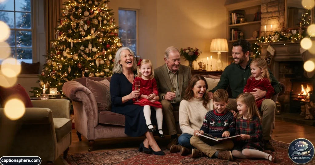 Family posing naturally for a Christmas portrait beside holiday decorations