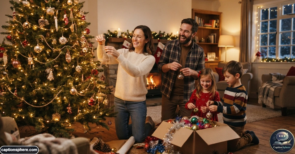 Family decorating a Christmas tree together with colorful holiday ornaments