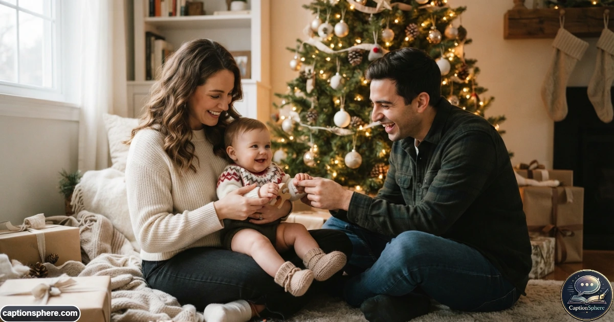 Parents and baby celebrating a cozy first Christmas beside the tree