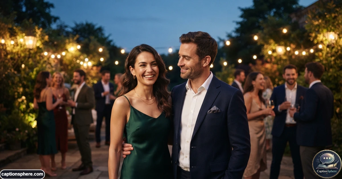 Husband smiling beside his elegantly dressed wife during an outdoor evening outing