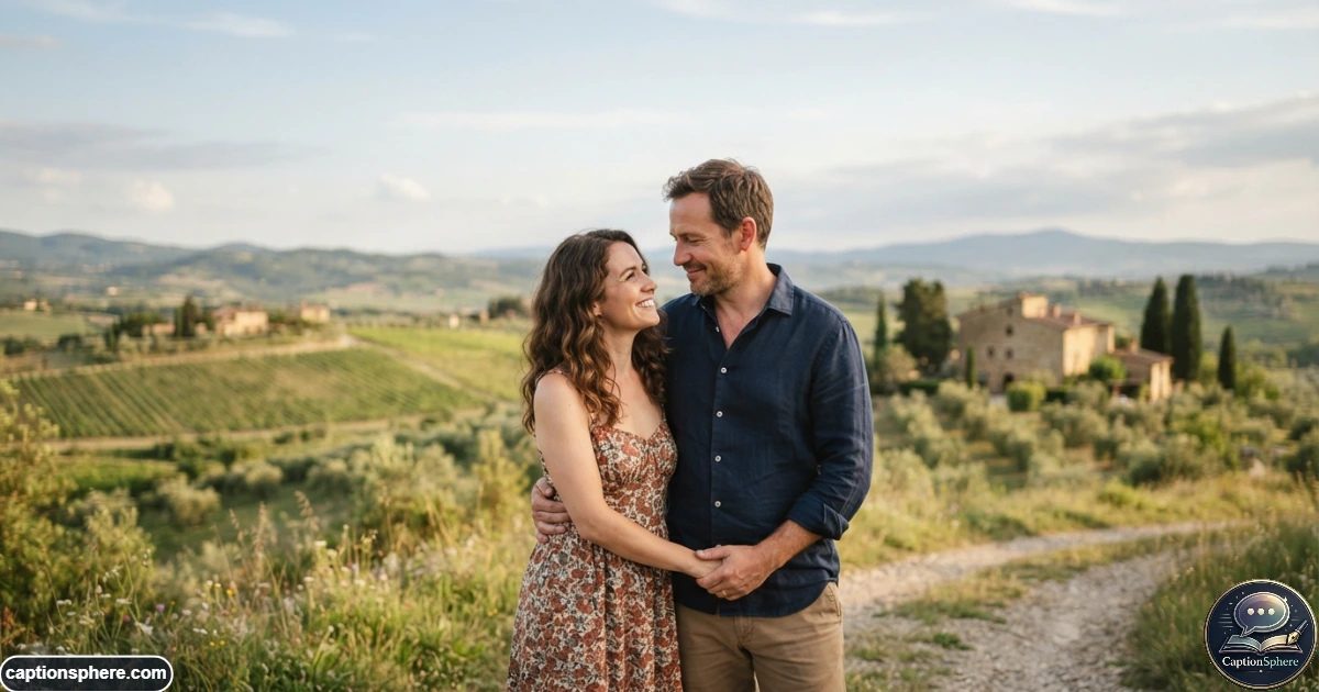 Married couple standing together outdoors and smiling naturally during a romantic photo