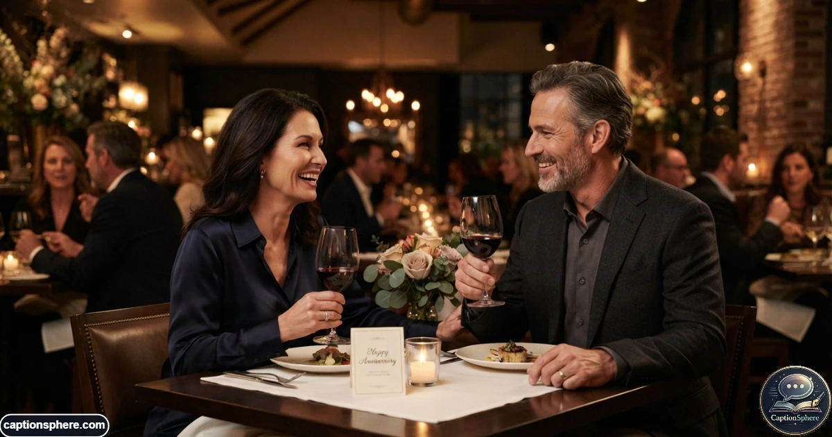 Happy married couple celebrating an anniversary together at an elegant dinner