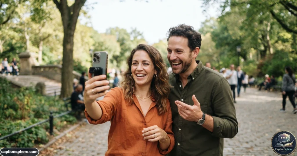 Married couple creating a casual social media video together outdoors