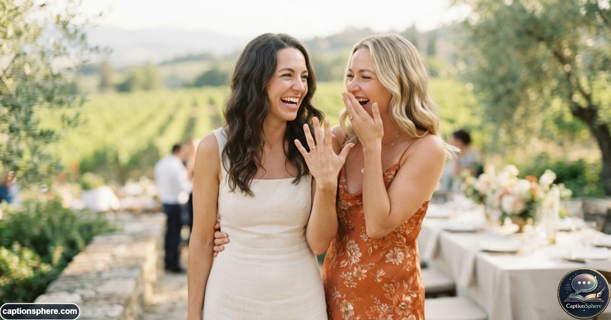Best friends celebrating an engagement outdoors with genuine smiles and a ring reveal