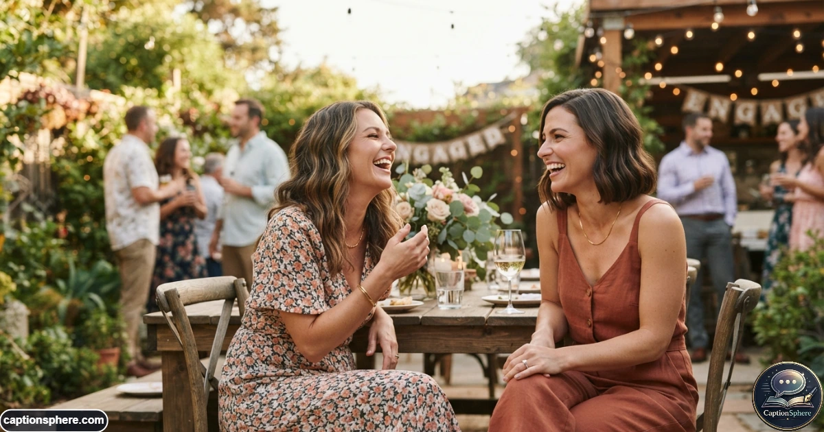 Two best friends smiling together during an outdoor engagement celebration