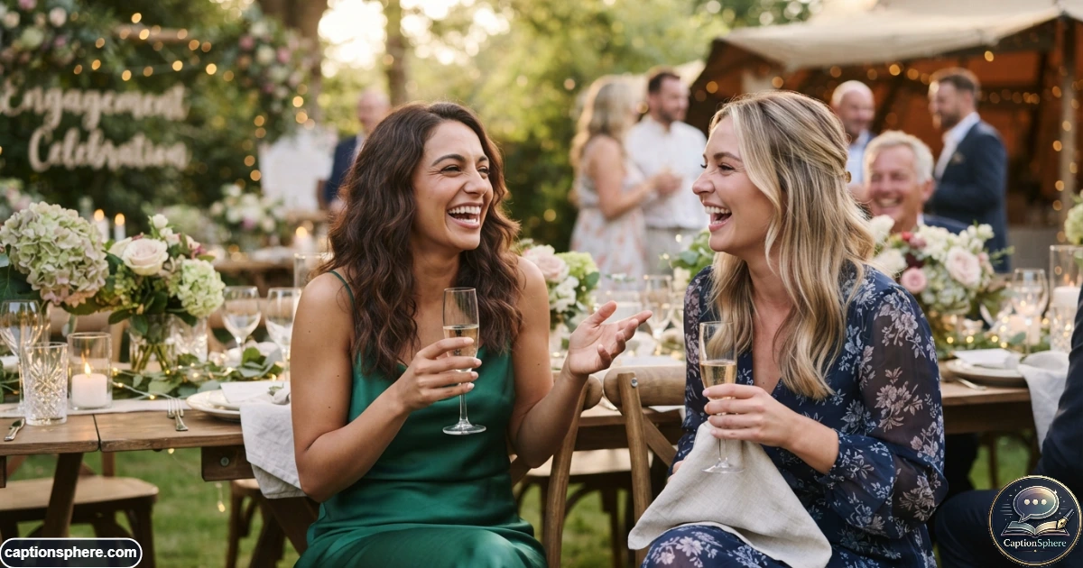 Best friends laughing together at a lively engagement celebration