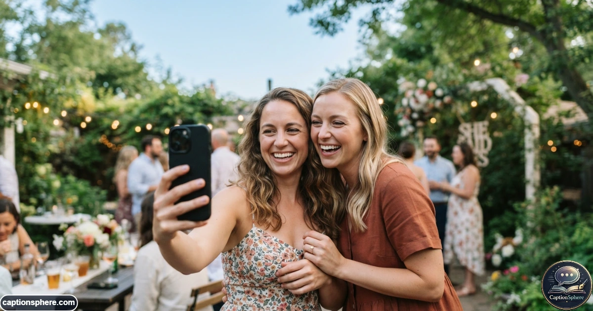 Best friends taking a joyful smartphone selfie during an engagement celebration