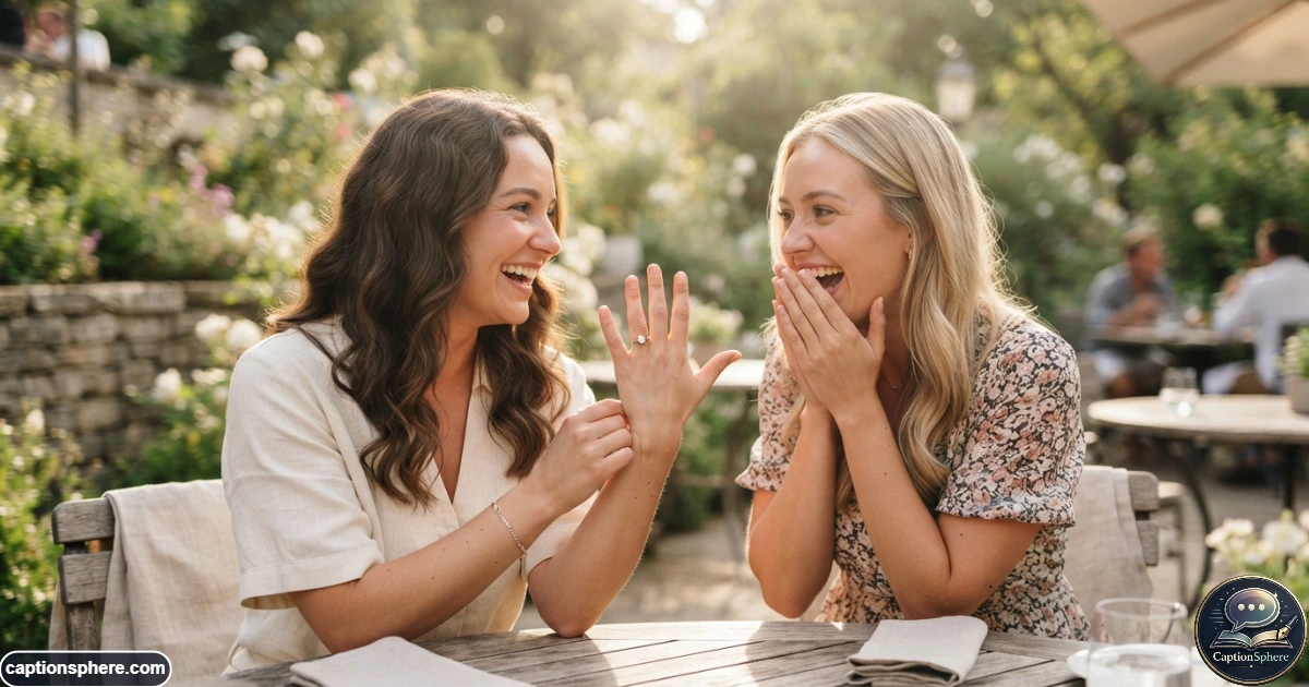 Best friend proudly showing her engagement ring during a joyful photo moment