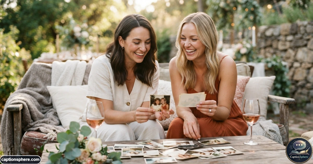 Best friends reminiscing together while celebrating a new engagement chapter