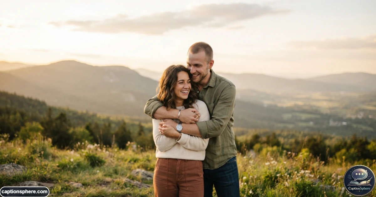 Couple sharing a warm hug outdoors during golden hour with soft natural light