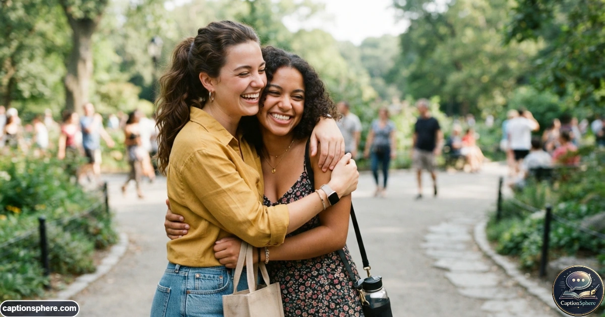 Two friends smiling while sharing a natural hug outdoors in warm daylight