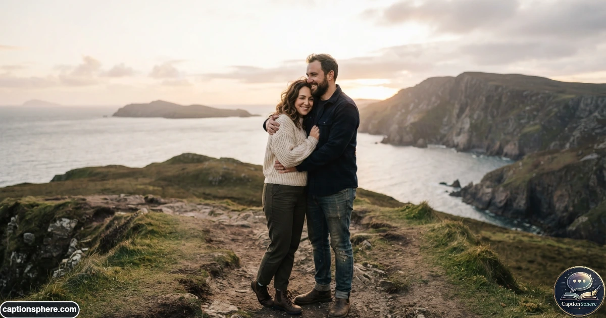 Romantic couple embracing outdoors with natural expressions and soft evening light