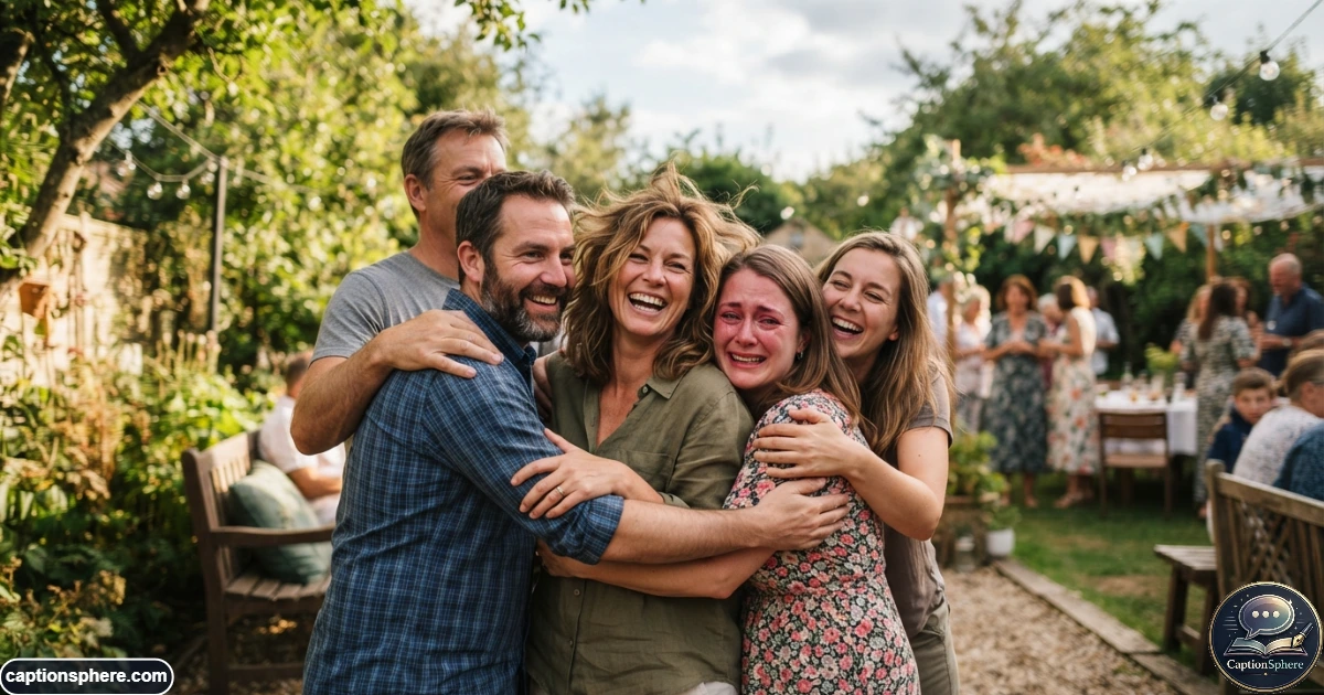 Family members sharing a heartfelt hug during a joyful outdoor reunion