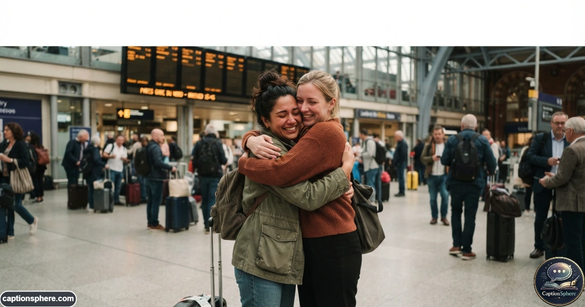Two loved ones embracing after a long separation at a travel arrival location