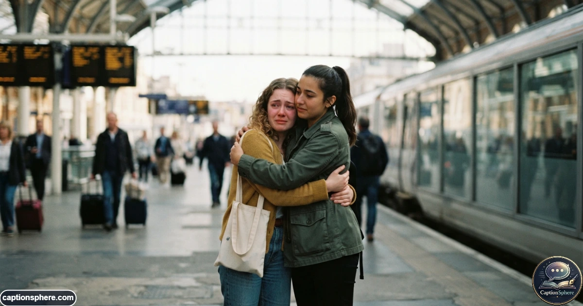 Two close friends sharing an emotional goodbye hug before parting ways