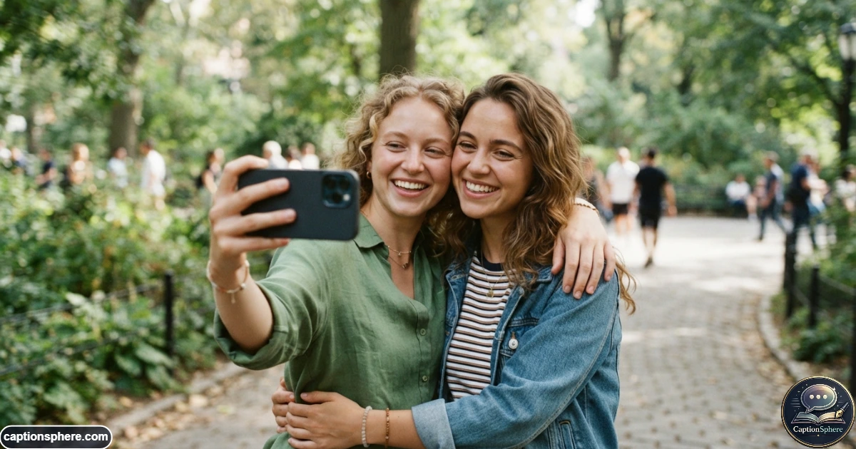 Two friends taking a casual smartphone selfie while hugging outdoors