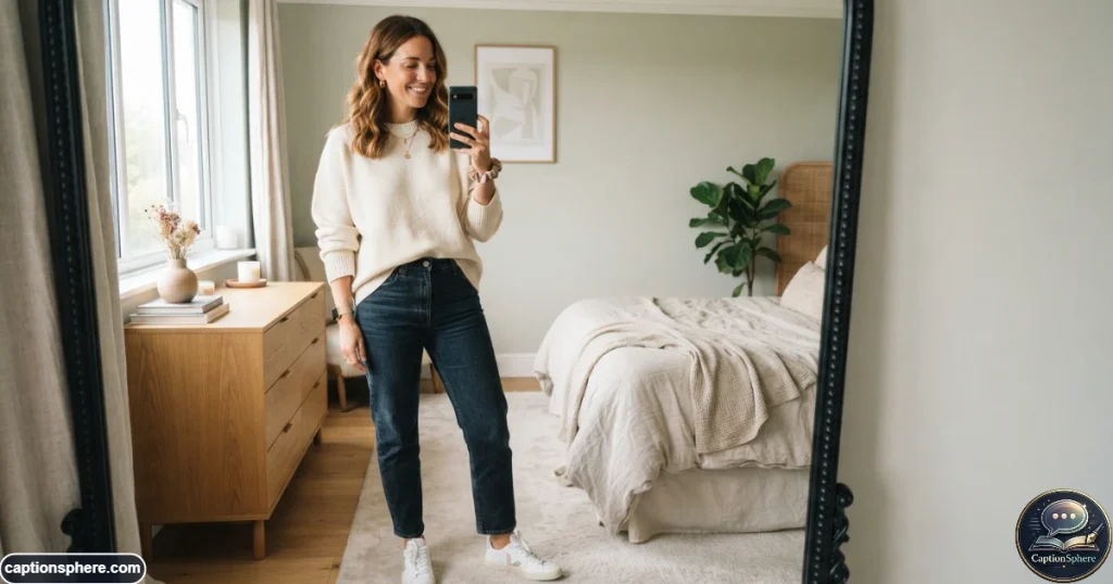 Stylish confident mother taking a natural mirror selfie in a bright modern room