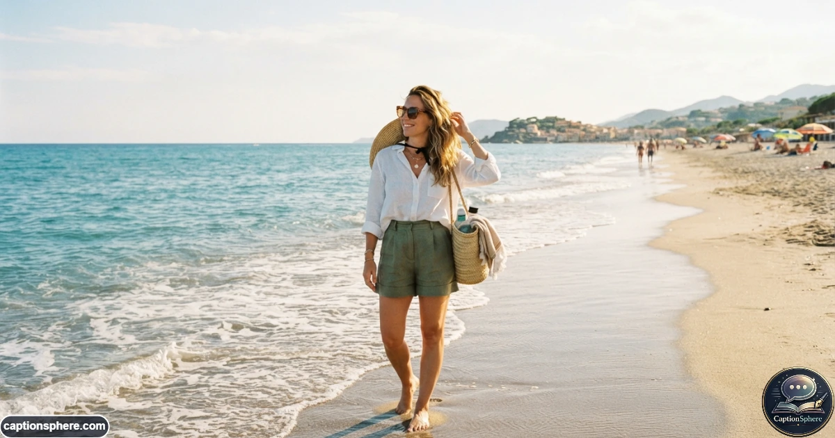 Confident stylish mother enjoying a sunny beach day with natural relaxed body language