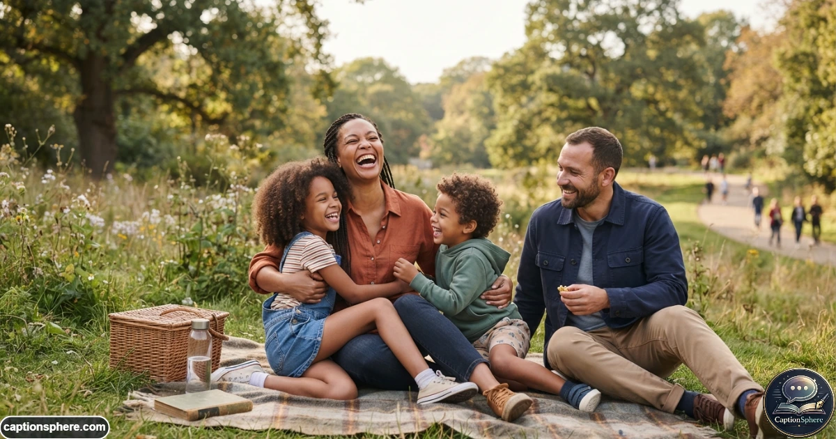 Confident mother laughing naturally with her children during an outdoor family outing