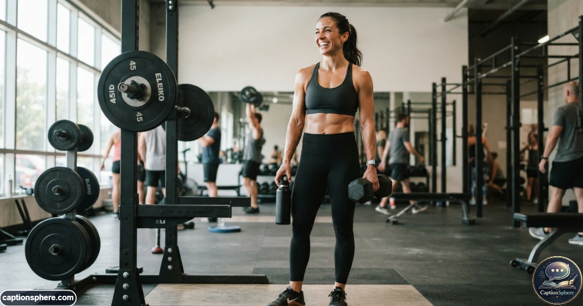 Confident mother finishing a realistic fitness workout in a modern bright gym