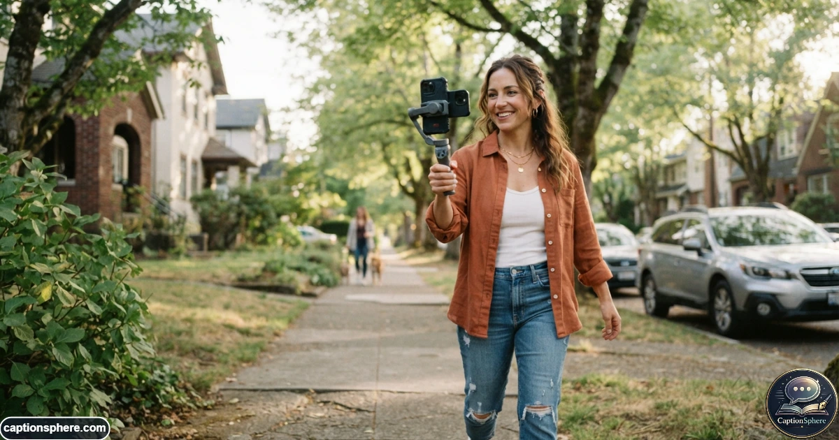 Confident mother recording a casual lifestyle Reel outdoors with her smartphone